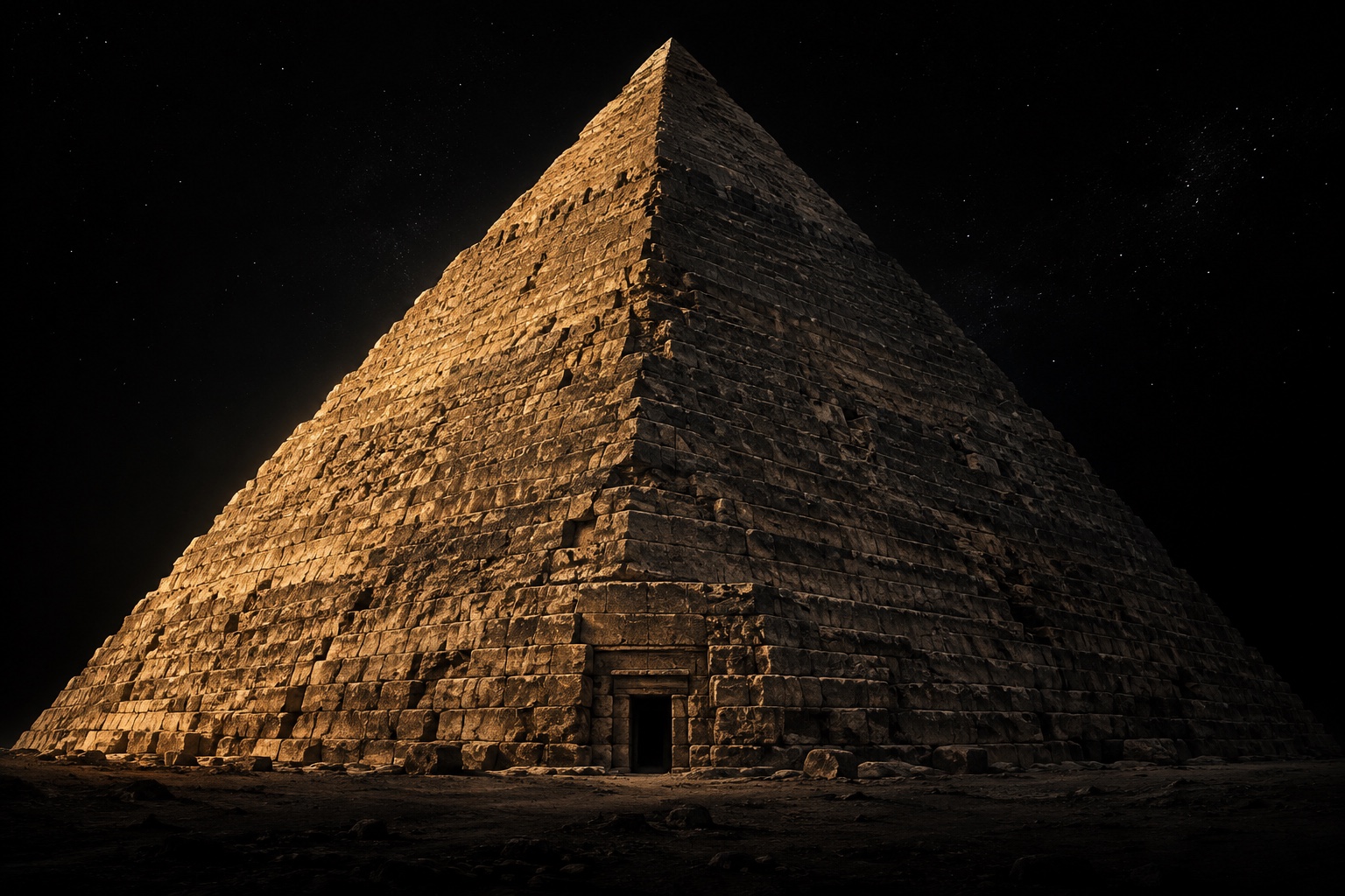 An ancient stone pyramid illuminated in gold against the night sky