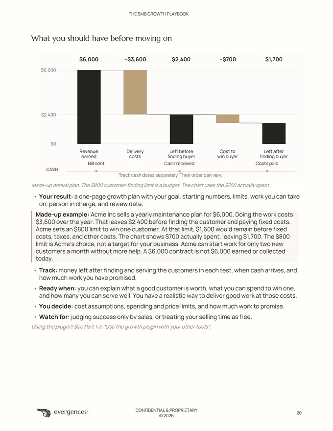 Page 20: a made-up annual plan starts with $6,000 revenue and subtracts $3,600 delivery costs and $700 to win the buyer, leaving $1,700 before other costs.