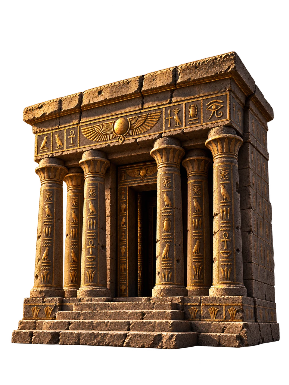 Weathered Egyptian-inspired temple with six columns and gold hieroglyphs.