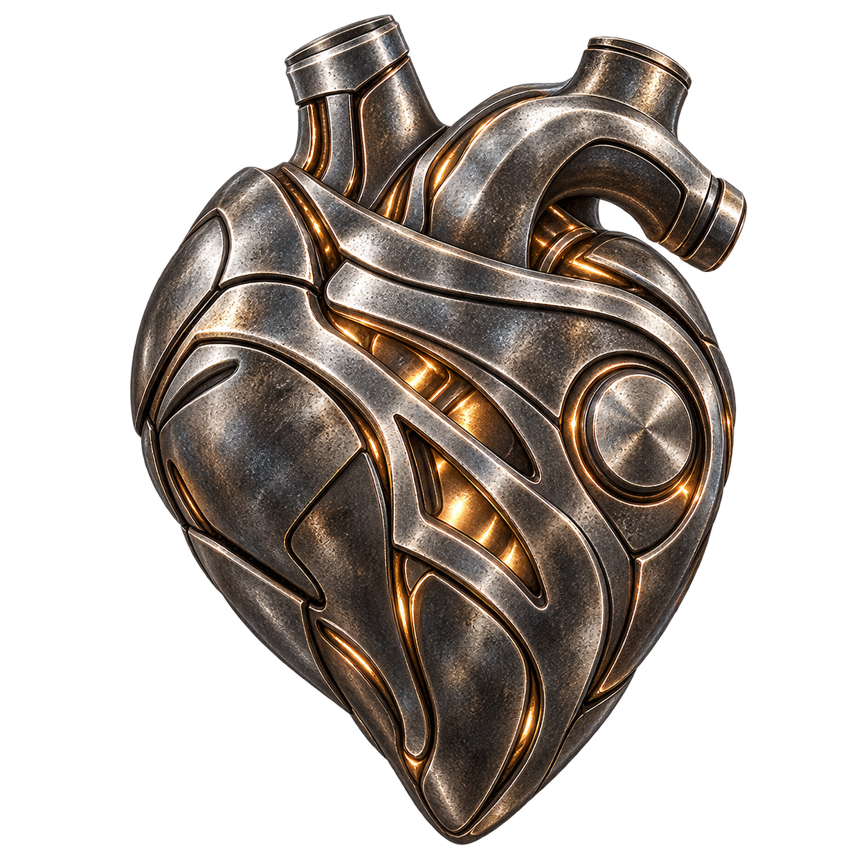 PROME robotic heart in weathered silver metal with glowing copper seams