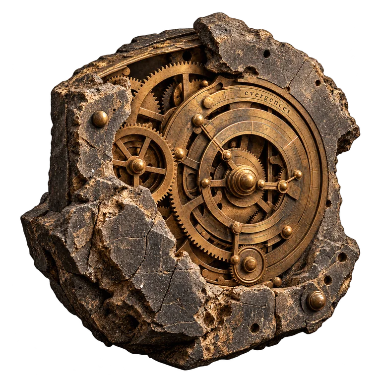 Artistic interpretation of an ancient calculating mechanism with bronze gears and a subtle evergences maker’s mark.