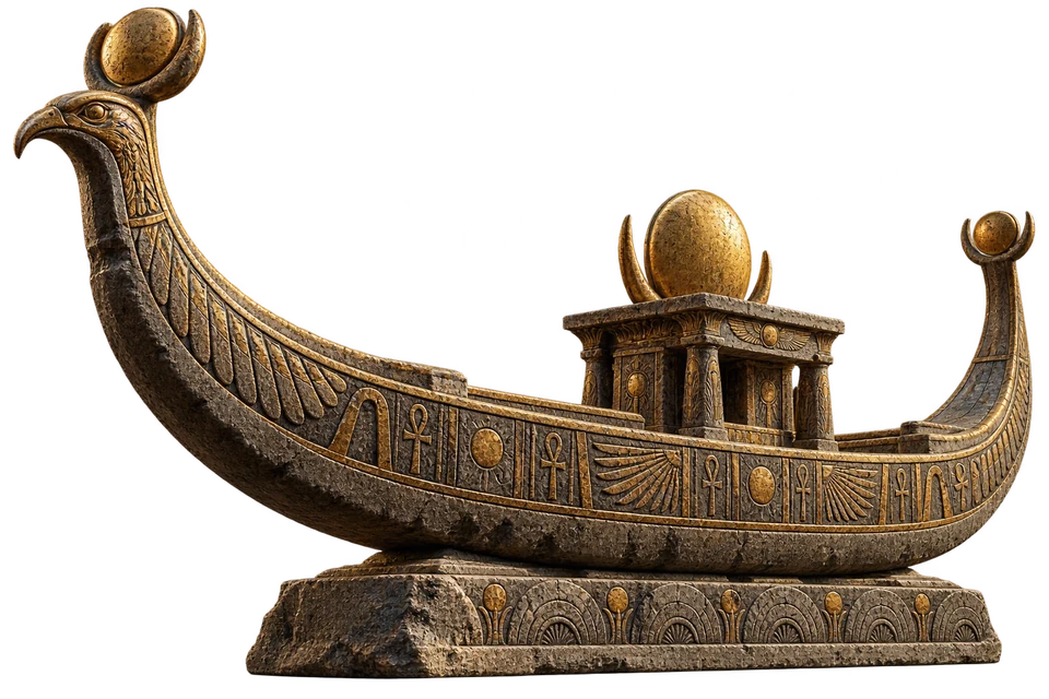 Egyptian-inspired solar boat carved from stone with gold reliefs.
