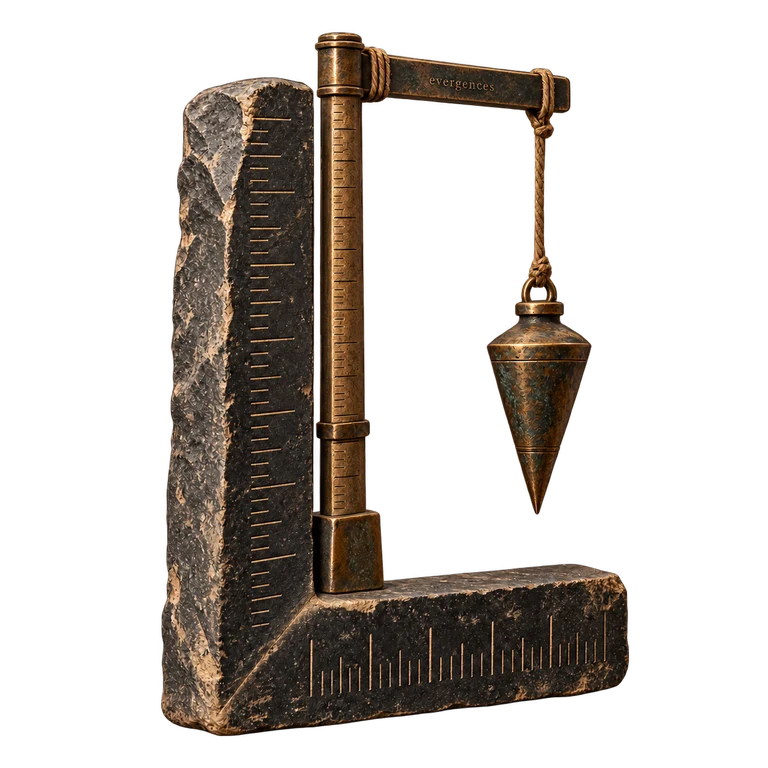 Artistic interpretation of ancient measuring tools, with a bronze rule, stone square and plumb bob.