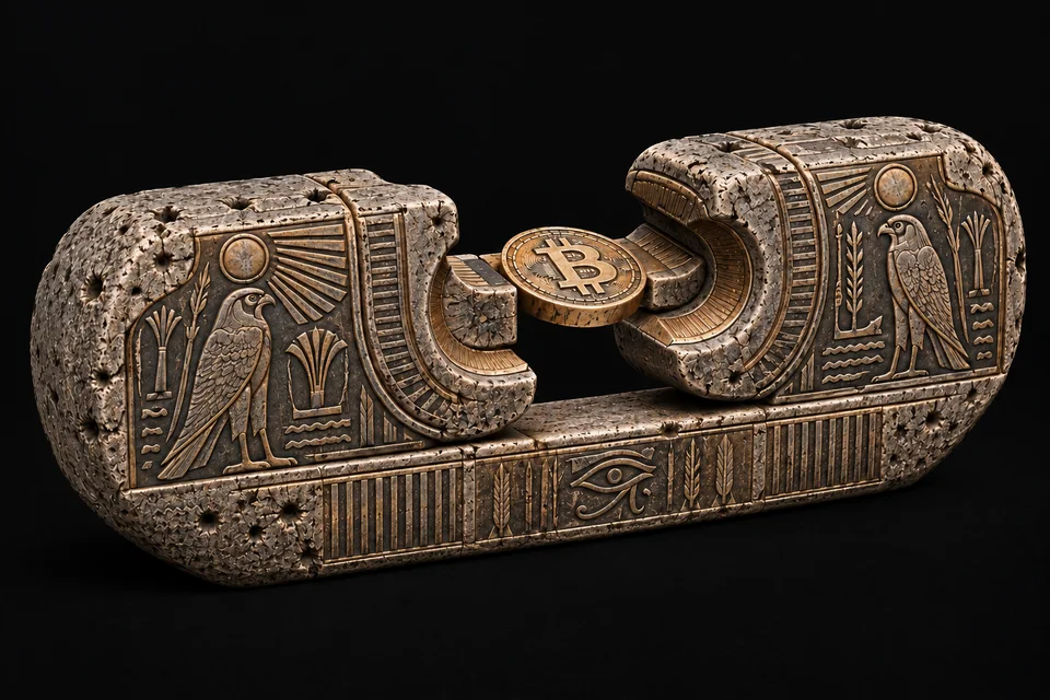 Stone counterpart forms exchanging a gold Bitcoin token, a conceptual artwork for Whiisp.