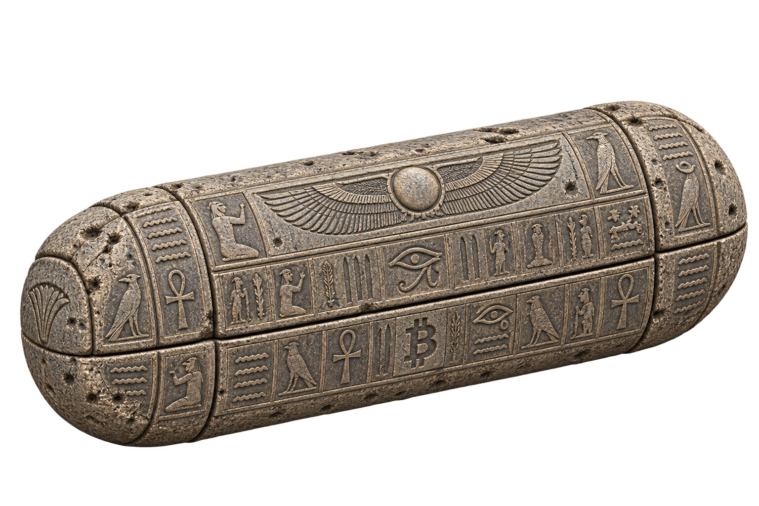 Ancient gray stone time capsule with an engraved Bitcoin symbol