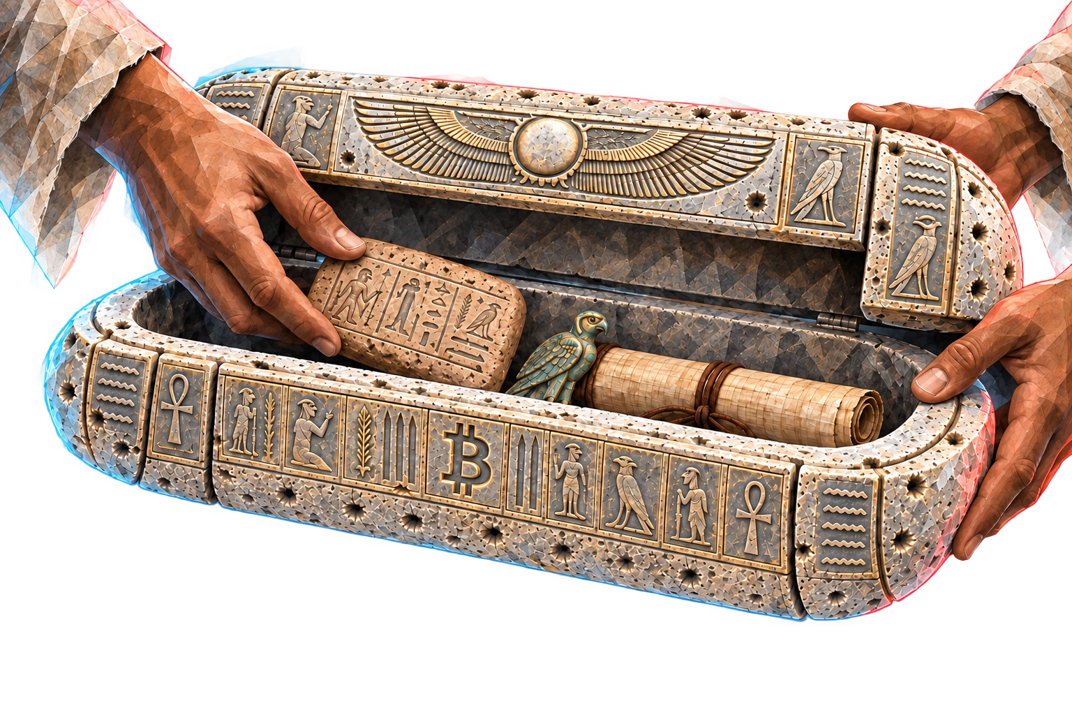 Ancient artifacts being placed inside the open stone Bitcoin Capsule for storage