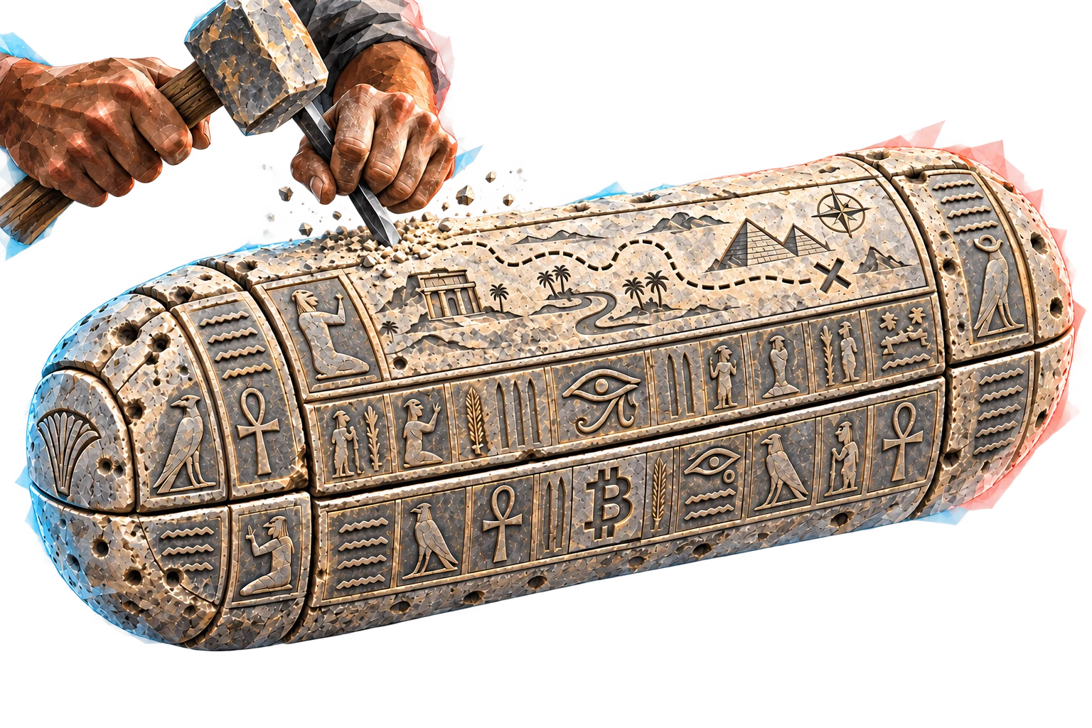 An artisan chiseling a treasure map into the stone exterior of the Bitcoin Capsule
