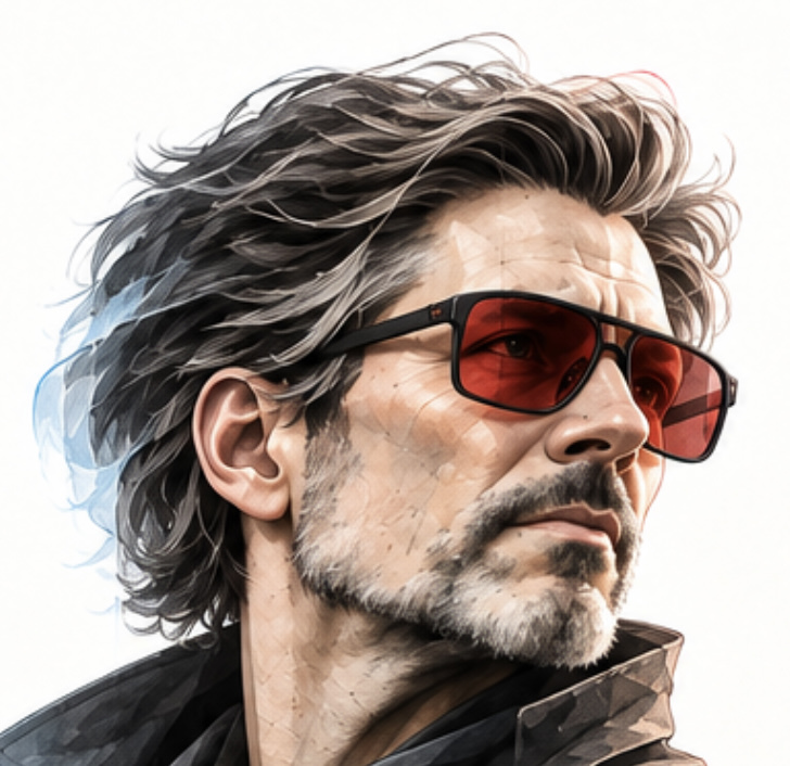 Illustrated portrait of Sean Everett wearing red Jetpack Glasses